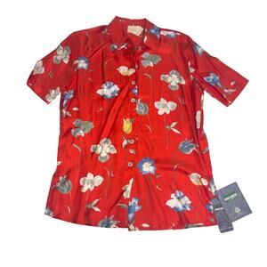Geiger Vintage Deadstock Floral Silk Short Sleeve Button Down Shirt Red 34